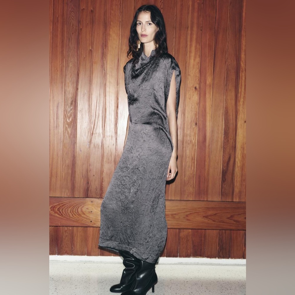 NWT Zara ZW Collection Grey Creased Cowl Neck Midi Dress Sz M